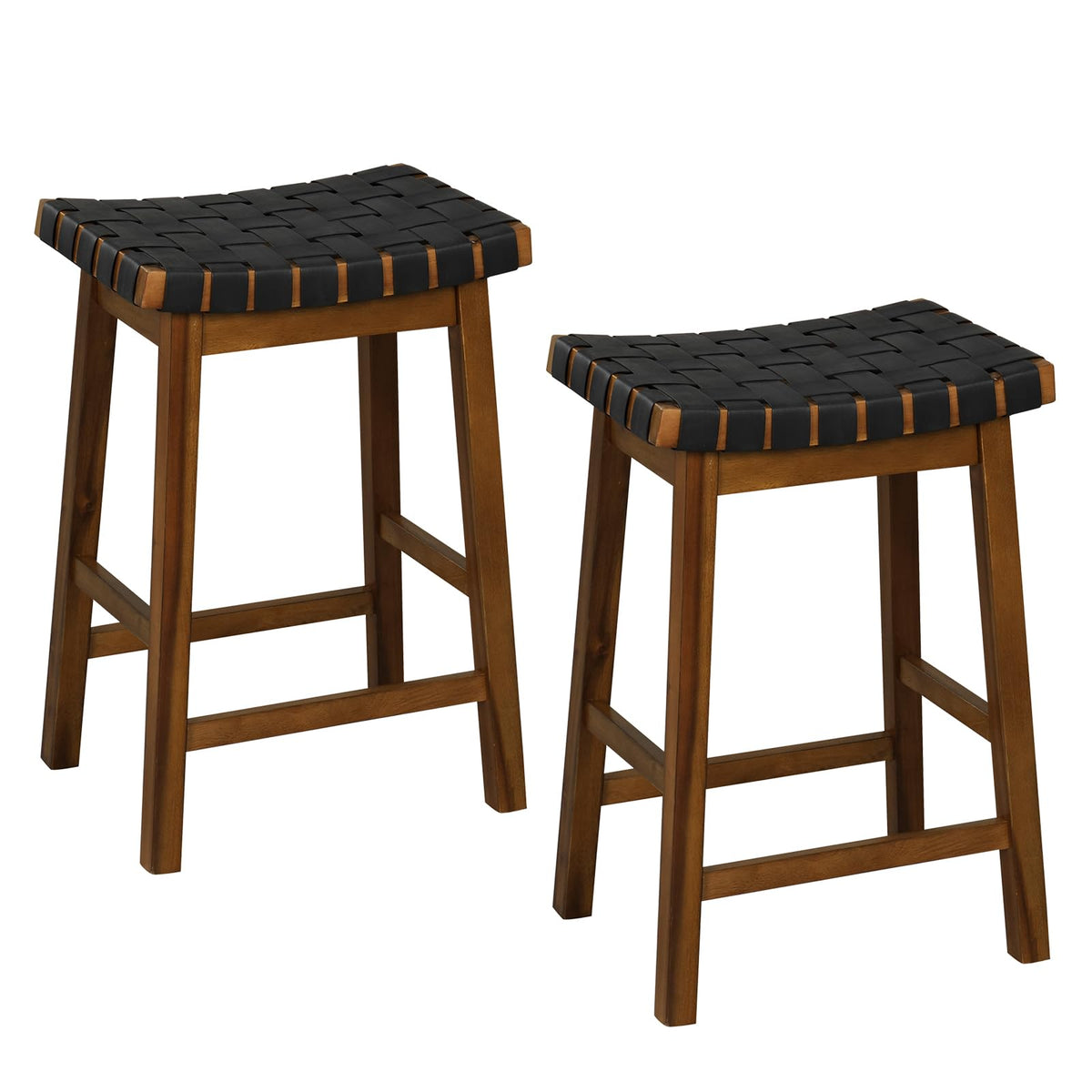 Giantex 25.5' Woven Bar Stools Set Of 2, Faux Pu Leather Counter Height Saddle Stools With Woven Curved Seat, Max Load 330 Lbs, Wood Barstools For Kitchen Island, Pub, Black