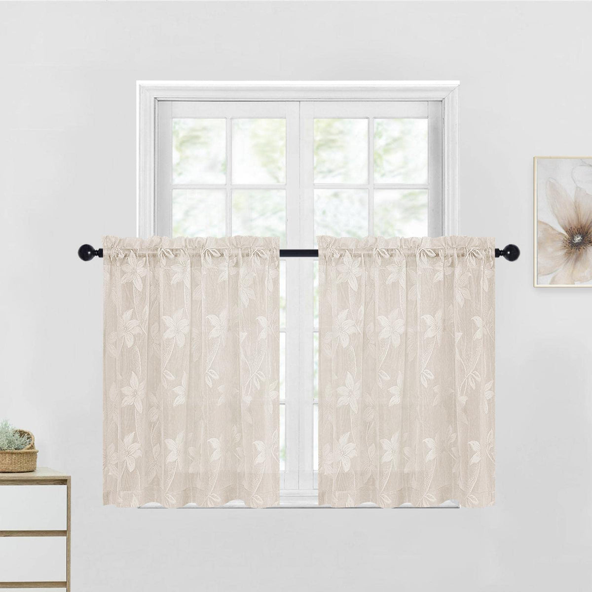 Dwcn Floral Lace Short Curtains - Beige Rod Pocket Window Voile Sheer Drapes For Kitchen Living Room Bathroom Small Window 42 X