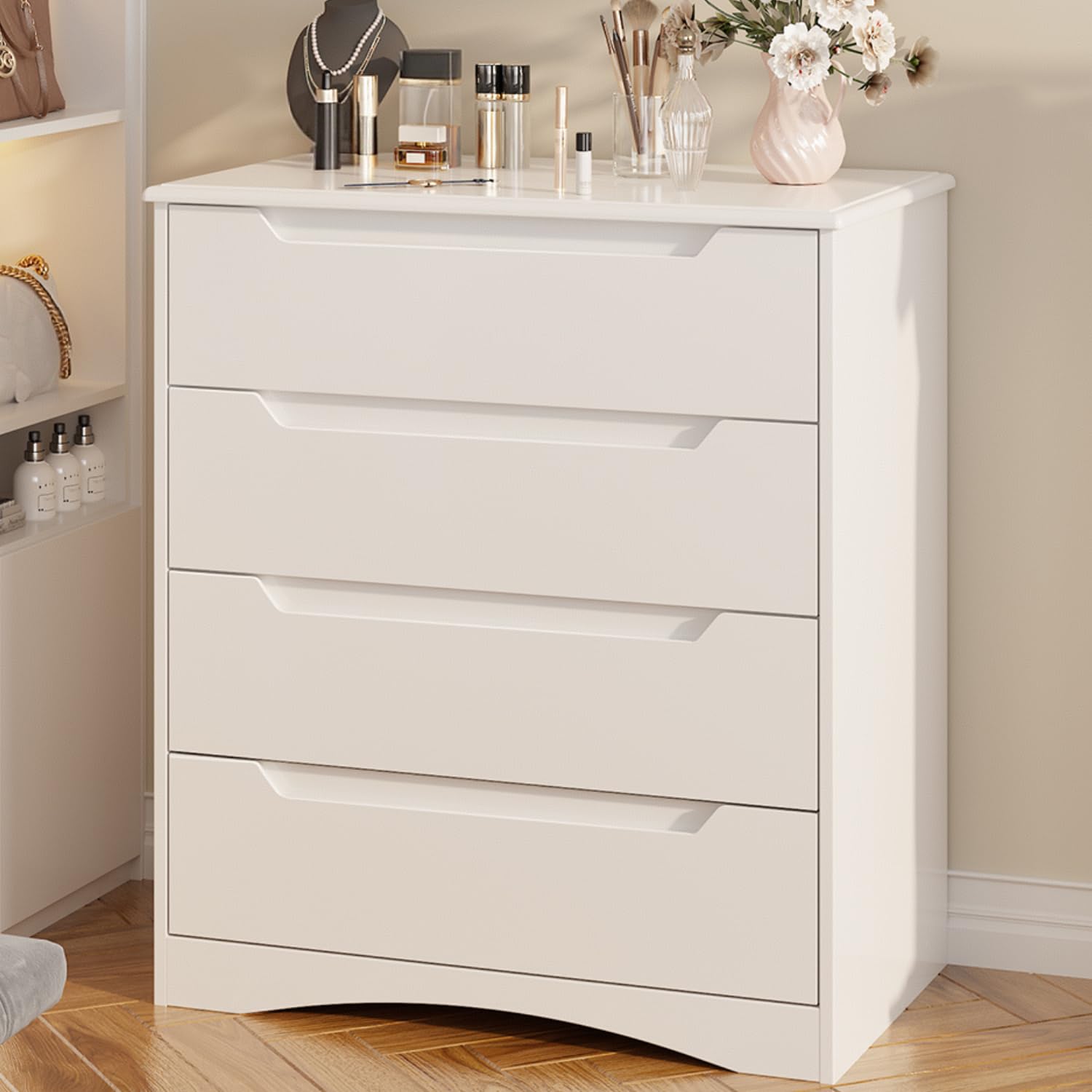 Gizoon 4 Drawer Dresser For Bedroom, Sturdy White Chest Of Drawers With Anti-Tip Device, Modern Large Capacity Storage Furniture For Closet, Embedded Handles, Space-Saving Design, Wooden Finish, White