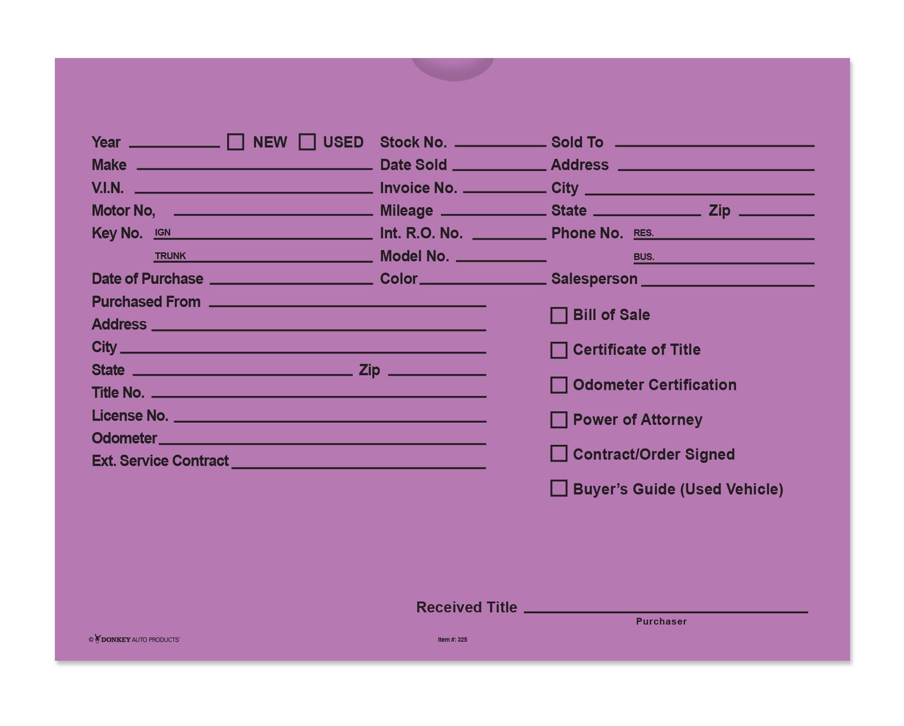 Printed Vehicle Deal Envelopes 9X12 Deal Jackets (100 Shrink Wrapped) (Lavender)