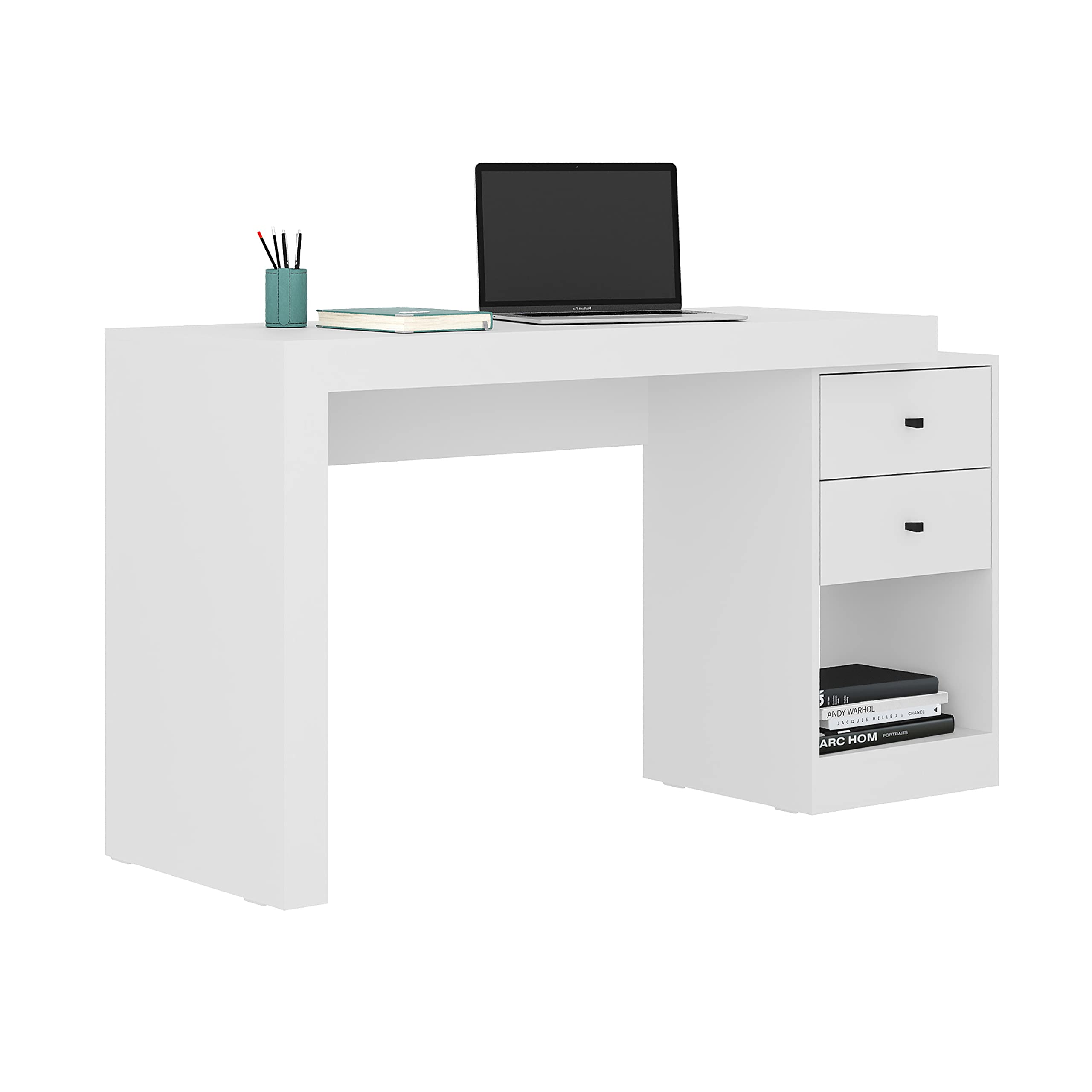 Techni Mobili Expandable Desk With Storage Drawers & Open Shelf - Expands From 47 Inch To 57 Inch - White Computer Desk With Printer Space - Modern Home Office Table With Drawers Blanco Collection