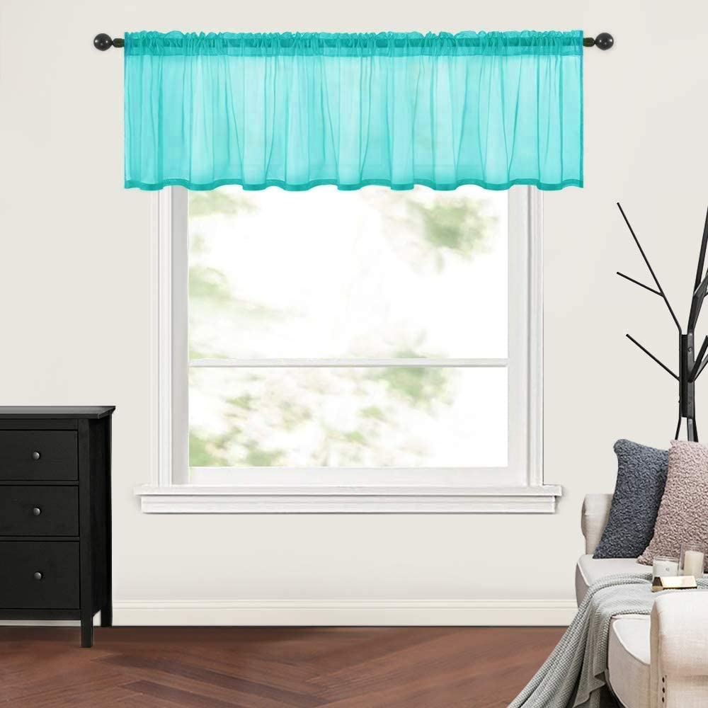 Miulee Solid Blue Kitchen Sheer Valance Linen Look Window Curtain,Living Room Windows Voile Valance Rod Pocket 1 Panels (60' W