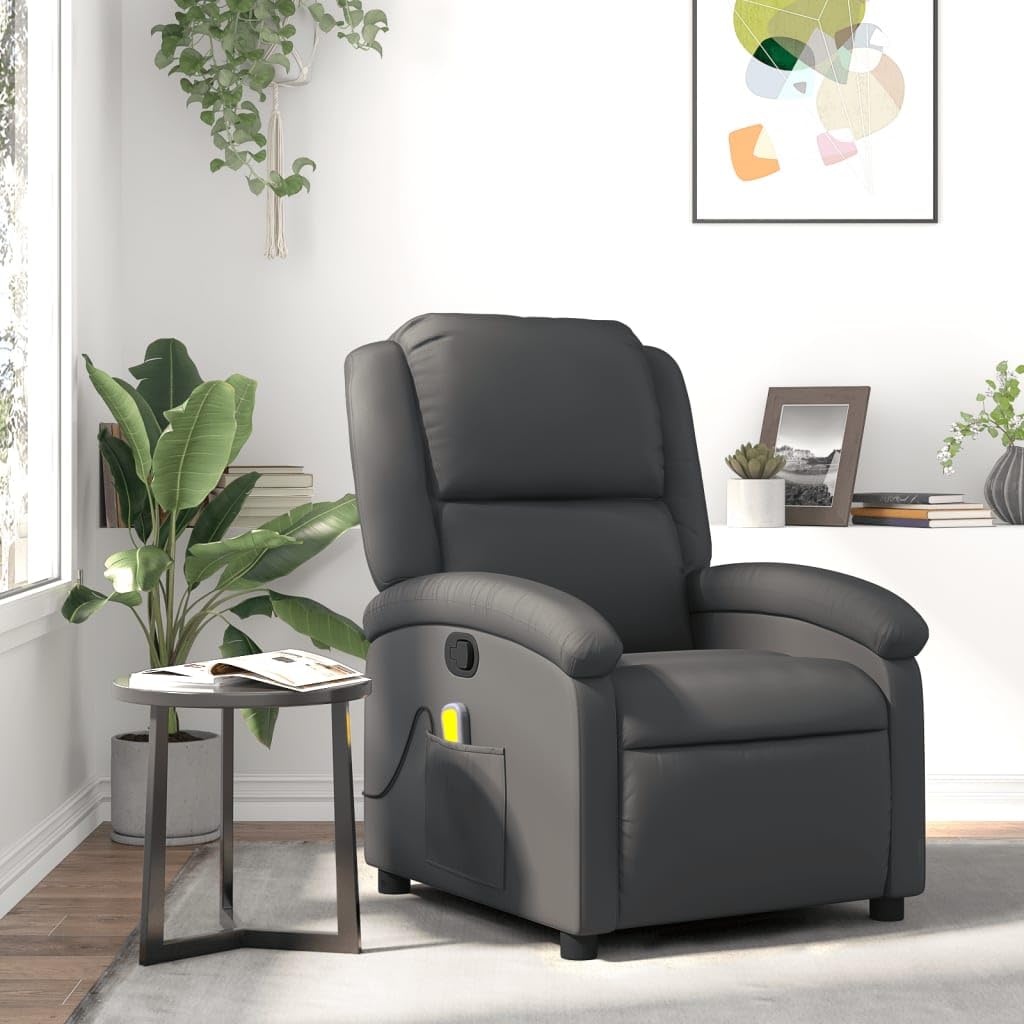 'vidaXL Massage Recliner Chair- Adjustable Manual Reclining Function, 6-Point Vibration Massage, 100% Real Grey Leather, Side Pocket, Solid Wood and Metal Frame