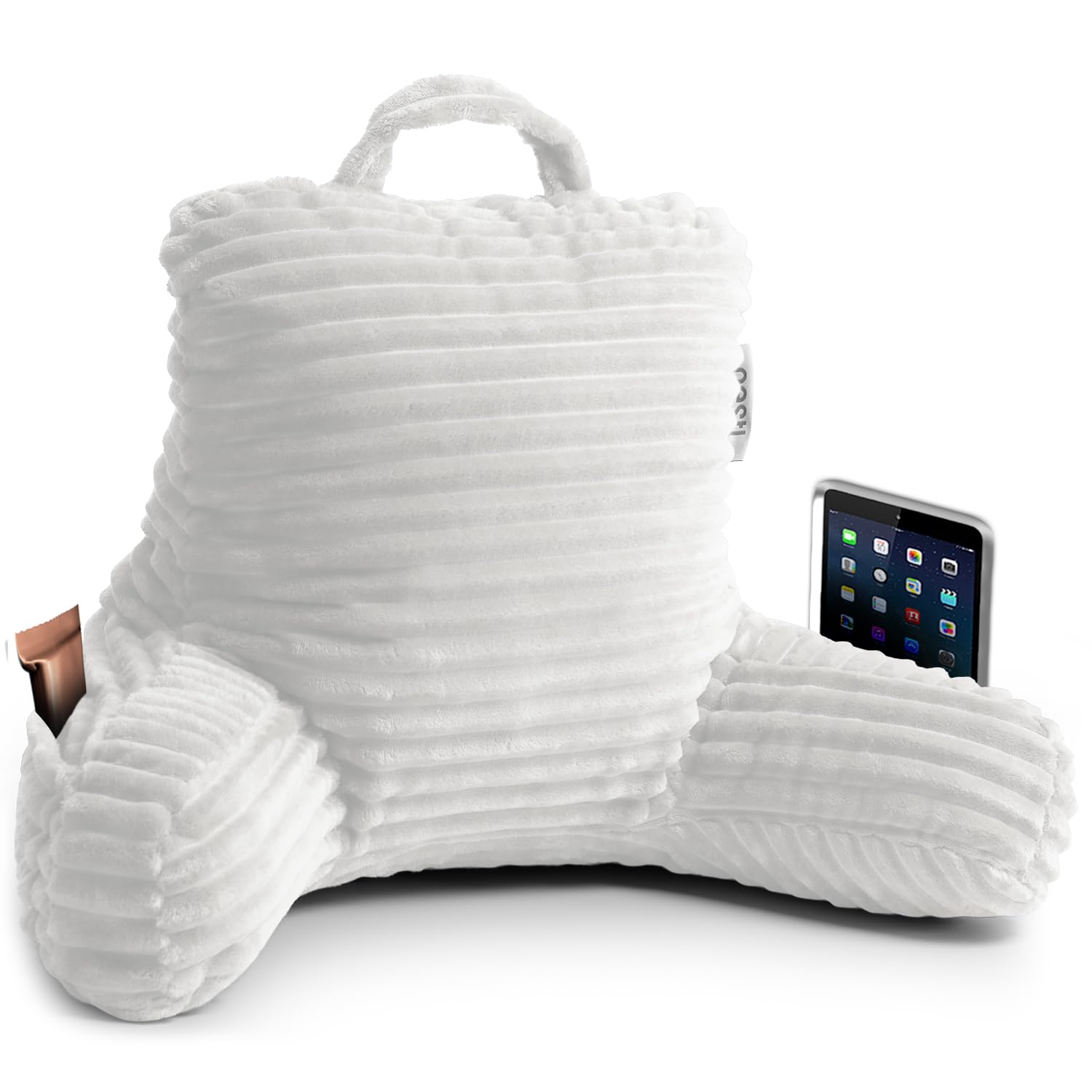 Nestl Cut Plush Striped Reading Pillow For Kids & Teens, Small Back Pillow, Back Support Pillow, Shredded Memory Foam Bed Rest Pillow With Arms, White