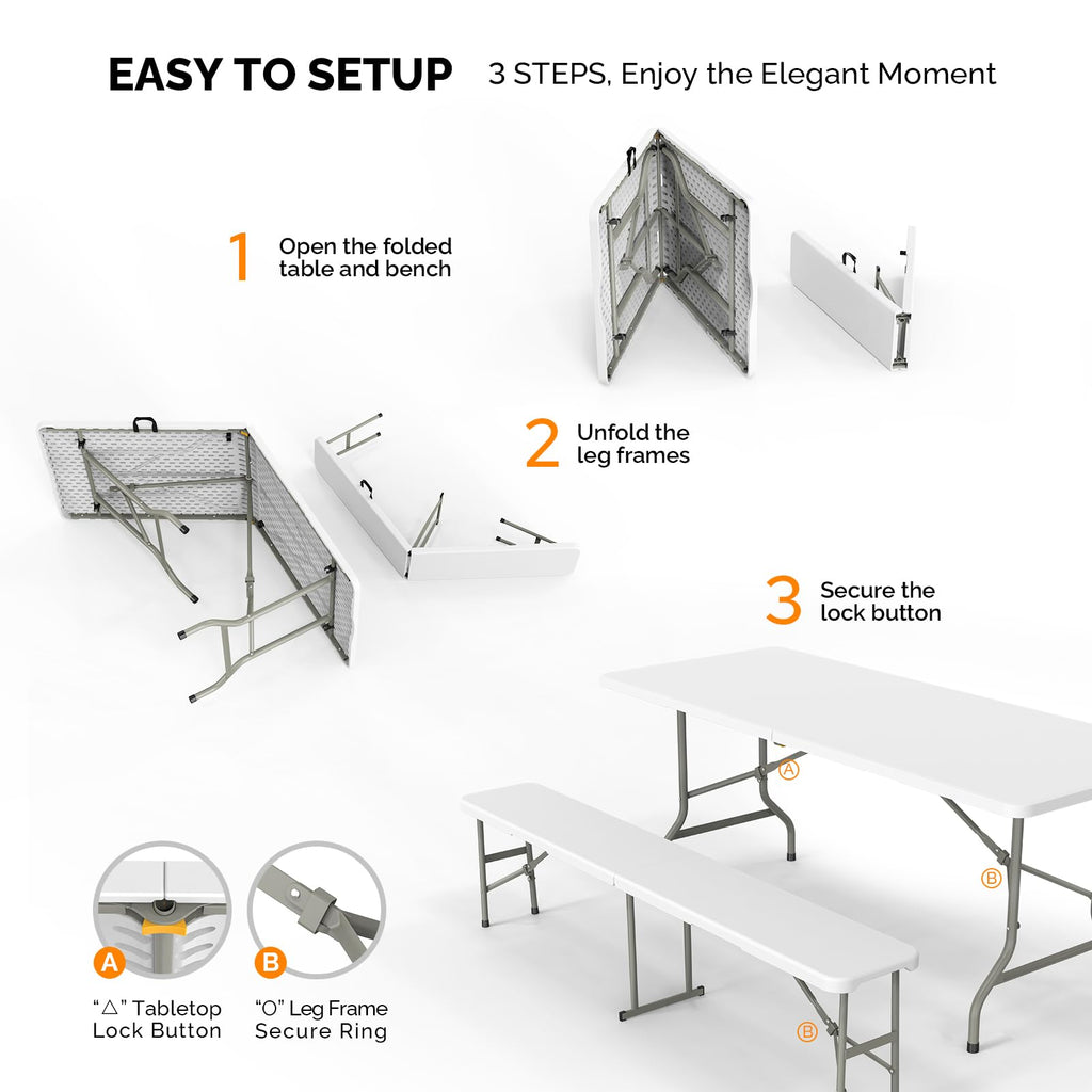 Vingli Picnic Table Set With 2 Benches, 6 Feet Camping Table Chair Set,3-Piece Folding Furniture For Indoor Or Outdoor Use, Smooth Tabletop, White