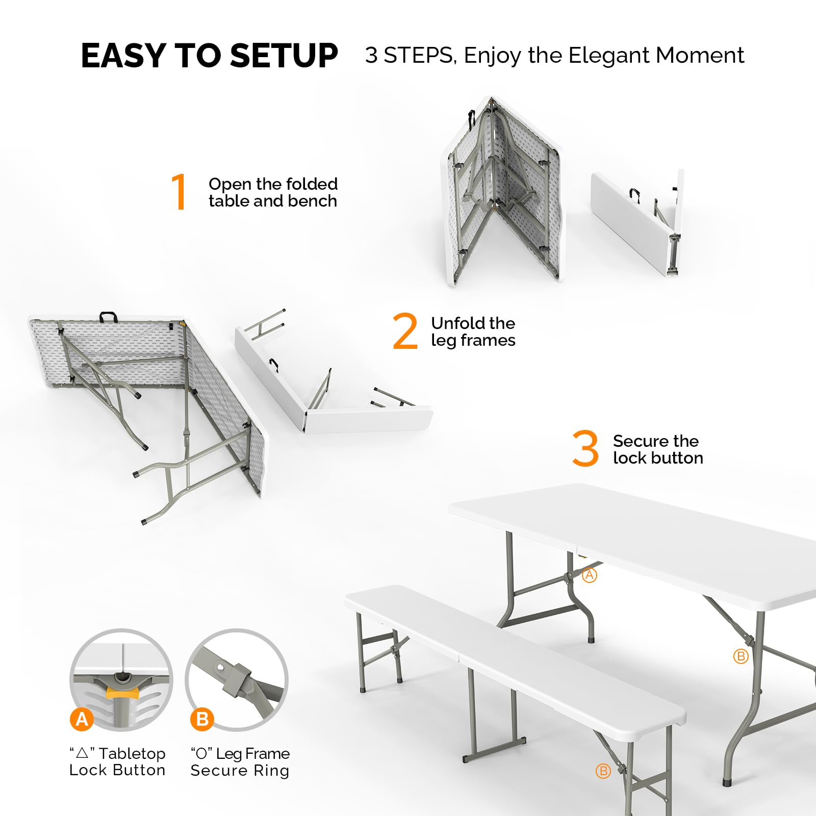 Vingli Picnic Table Set With 2 Benches, 6 Feet Camping Table Chair Set,3-Piece Folding Furniture For Indoor Or Outdoor Use, Smooth Tabletop, White