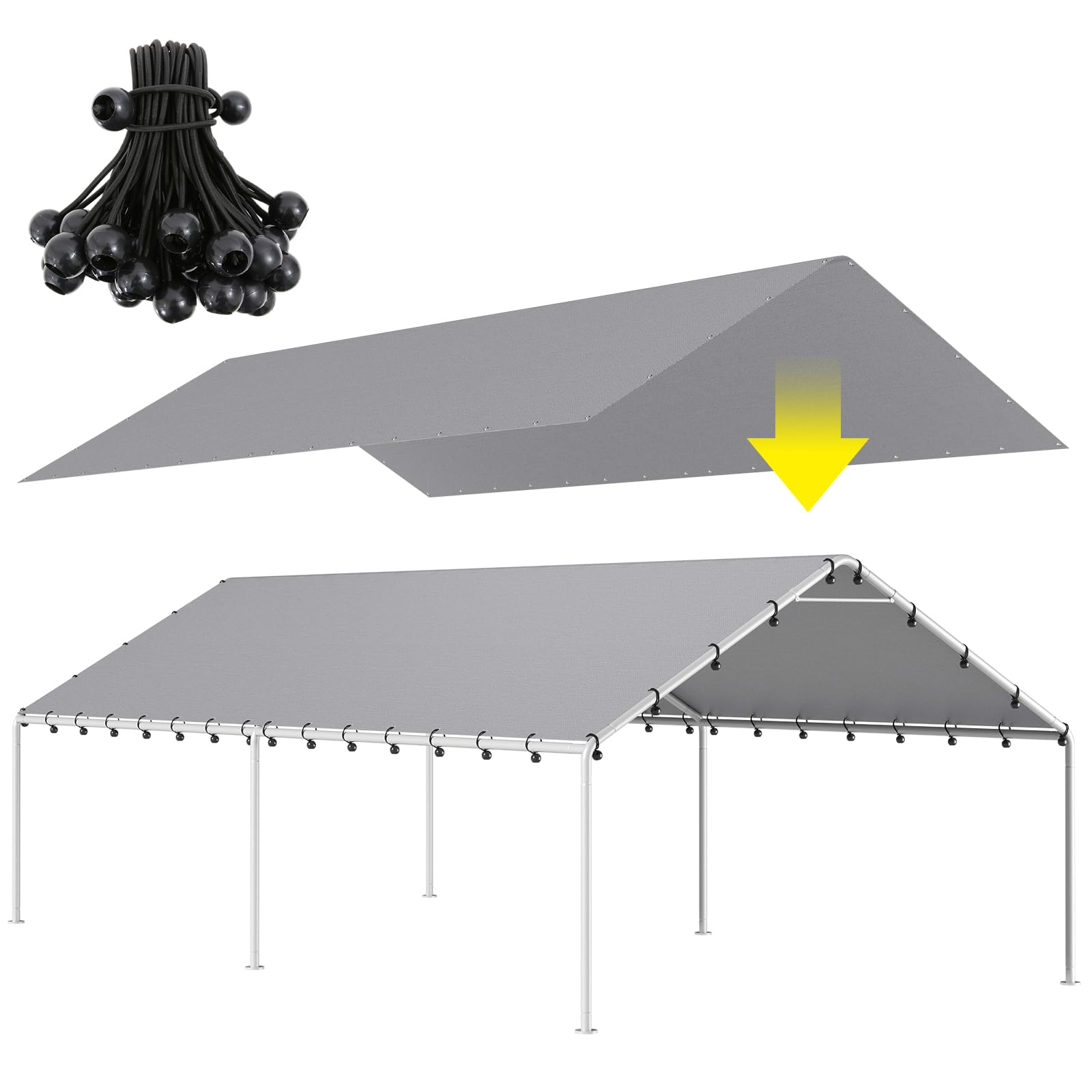 Dwale 10 X 20 Ft Carport,Replacement Canopy Cover Garage Top Tent Shelter Tarp,Grey With 48 Ball Bungee Cords Waterproof & Uv Pr