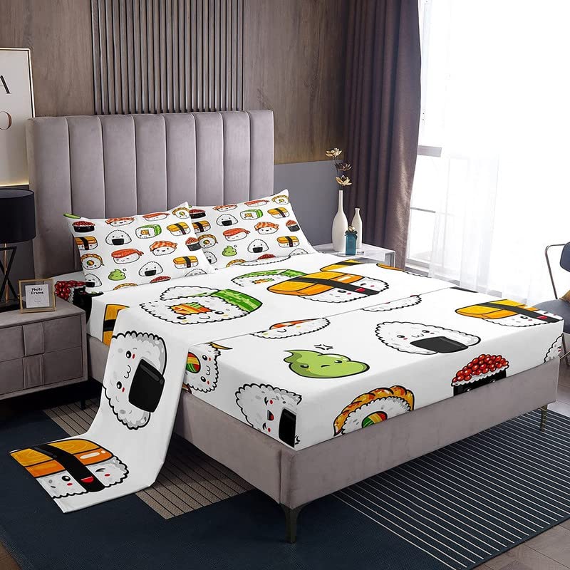 Kids Bed Sheets King Size Cute Sushi Print Bed Sheet Set For Girls Boys Children Bedroom Kawaii Decor Cartoon Japanese Style Bed