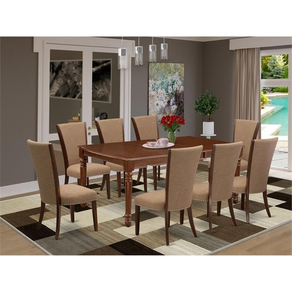East West Furniture Dove9-Mah-47 9 Piece Dining Set Includes A Rectangle Dining Room Table With Butterfly Leaf And 8 Light Sable Linen Fabric Upholstered Chairs, 42X78 Inch, Mahogany