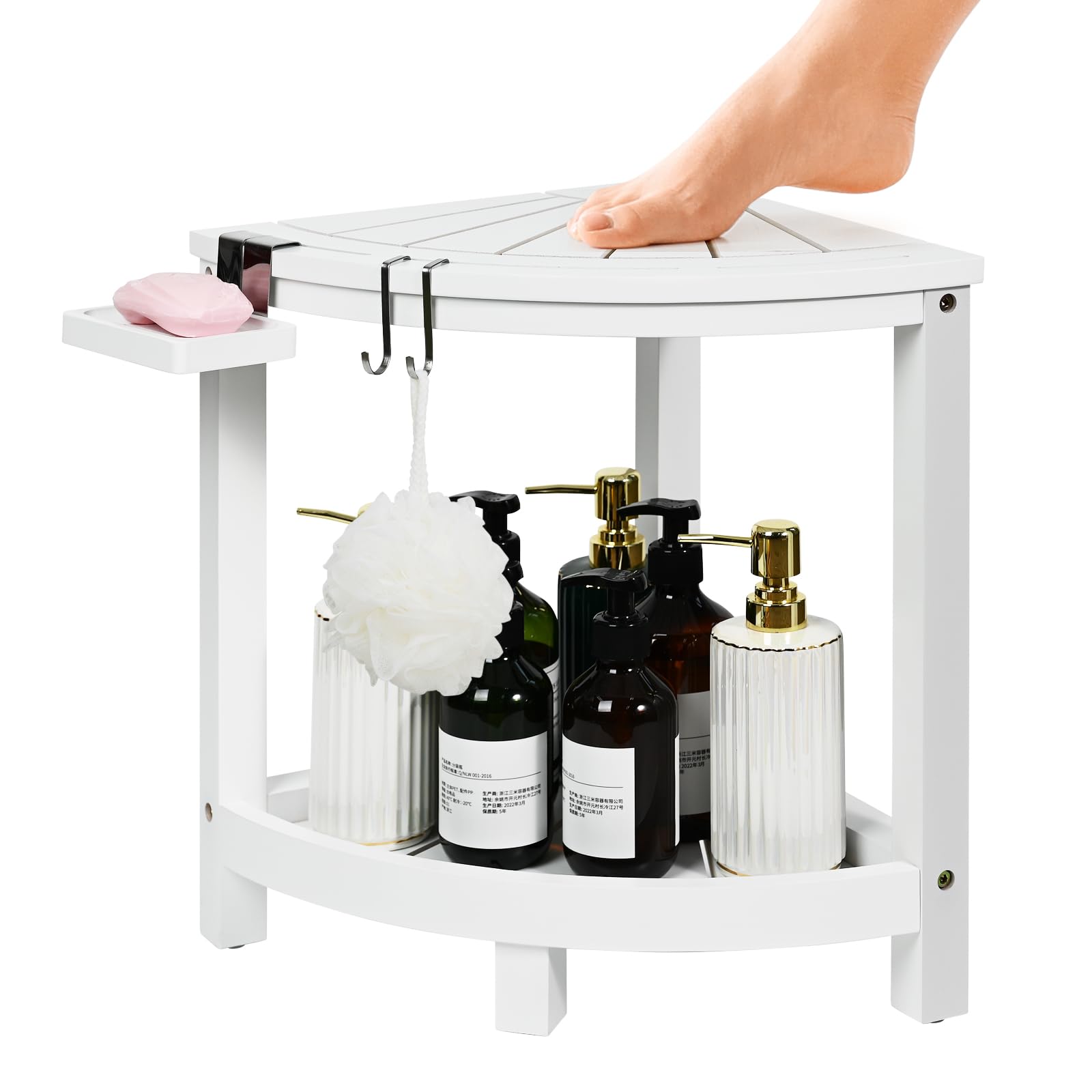 Ollieroo 2-Tier Bamboo Corner Shower Stool for Shaving Legs, Waterproof Shower Bench with Storage Shelf and Soap Dish, Shower Ch