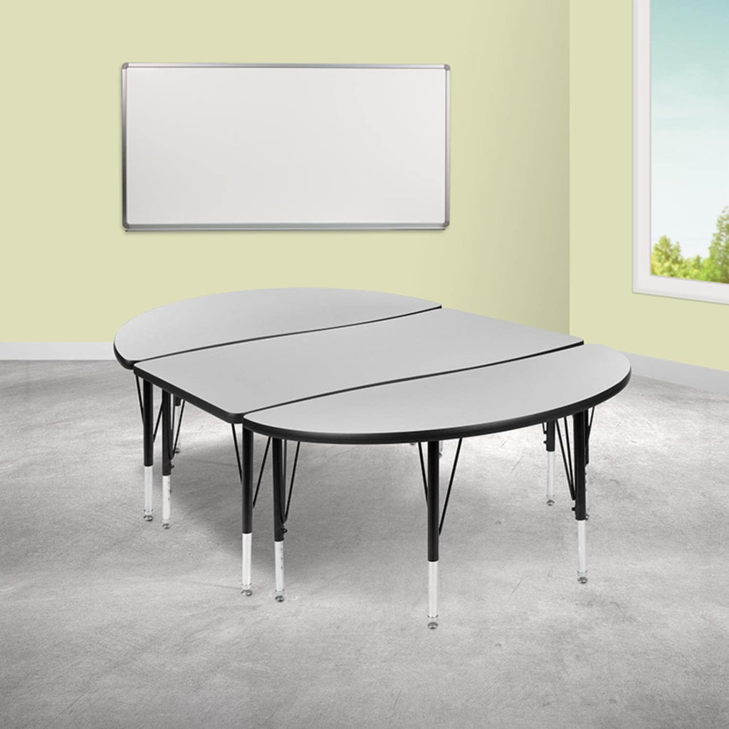 Flash Furniture 3 Piece 76" Oval Wave Collaborative Grey Thermal Laminate Activity Table Set - Height Adjustable Short Legs