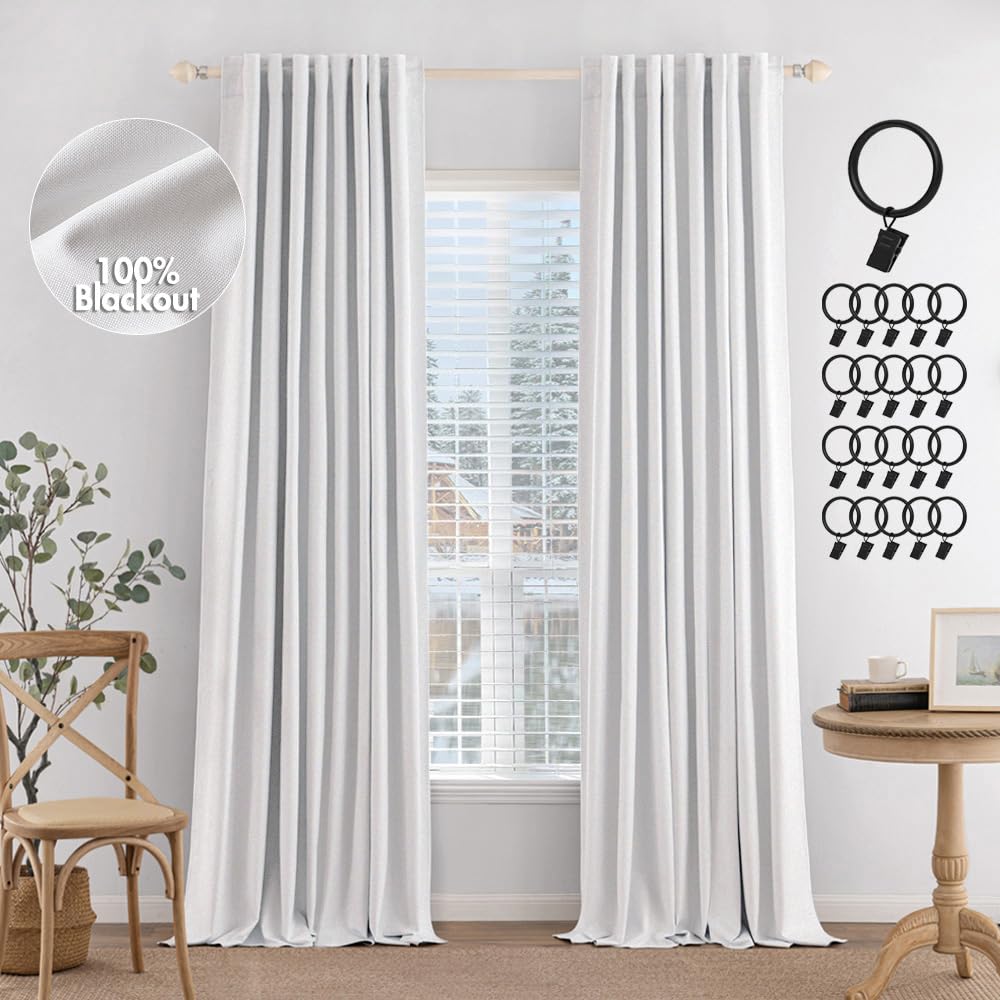 Miulee 100% Blackout Curtains 108 Inches Long, Linen Curtains & Drapes For Bedroom Living Room Back Tab Black Out Window Treatments Thermal Insulated Room Darkening Rod Pocket, White, 2 Panels