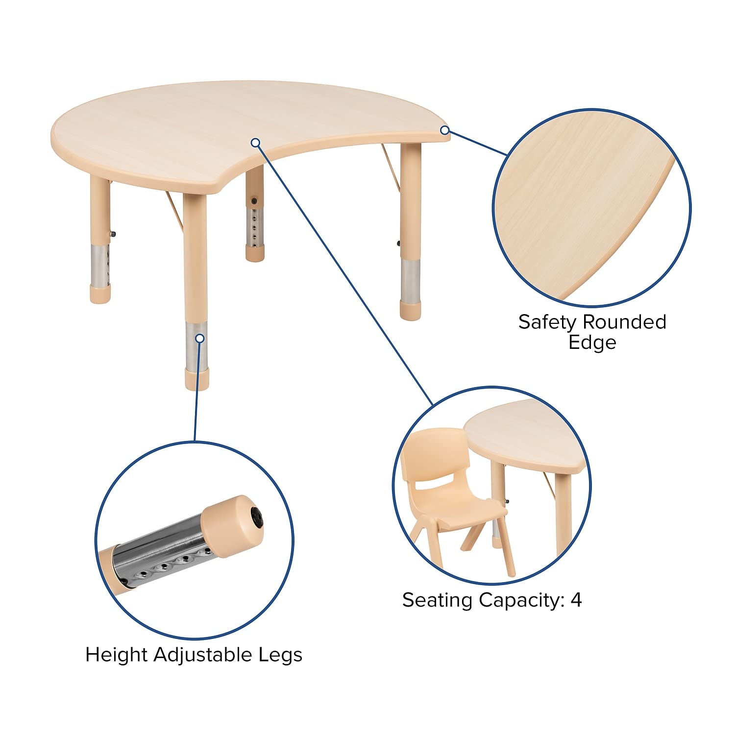 Flash Furniture 25.125'W X 35.5'L Crescent Natural Plastic Height Adjustable Activity Table Set With 2 Chairs