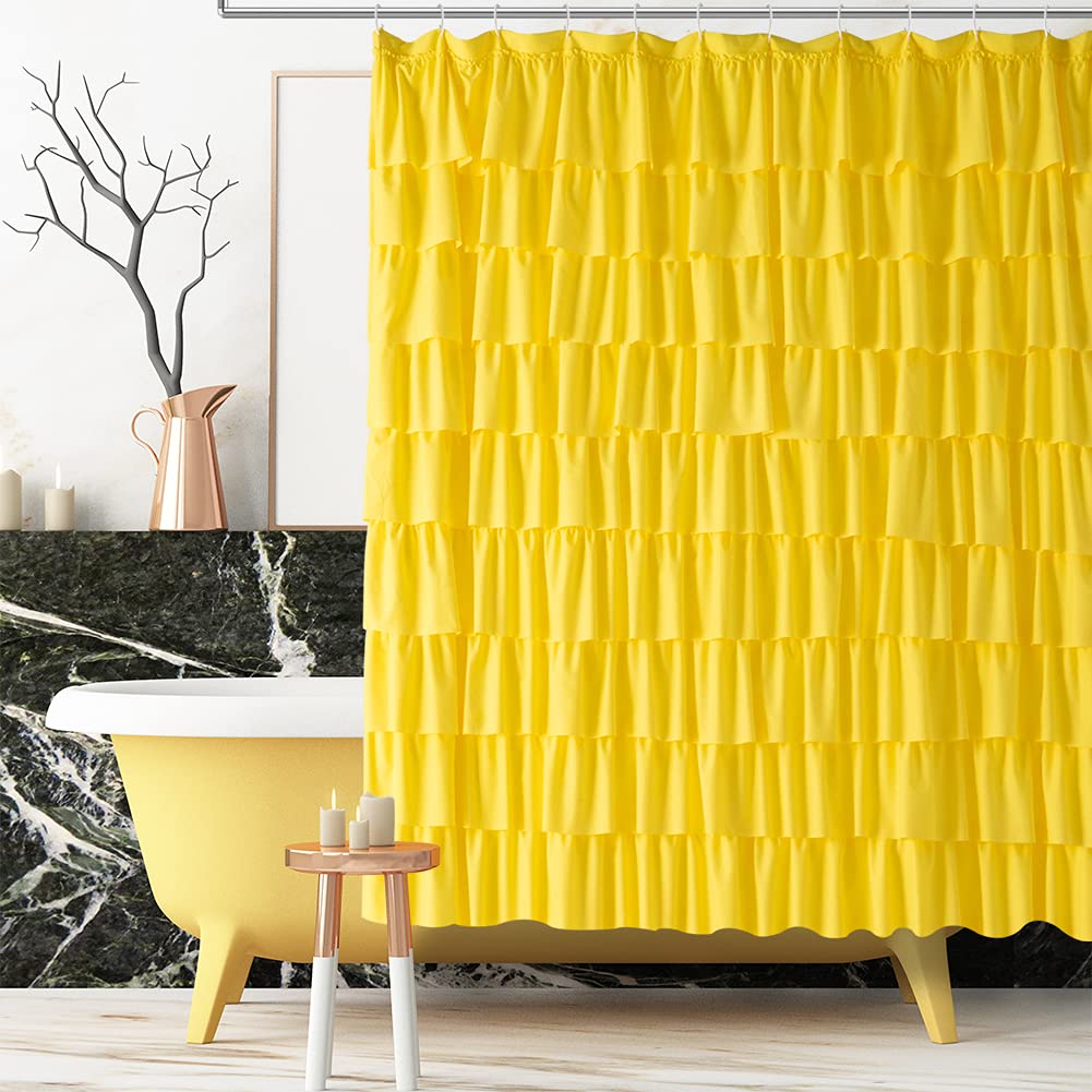 WestWeir Ruffle Shower Curtain, 72-inches Extra Long, Yellow Ruffled Bath Curtains for Bathroom, Fabric Farmhouse Decor, Soft To