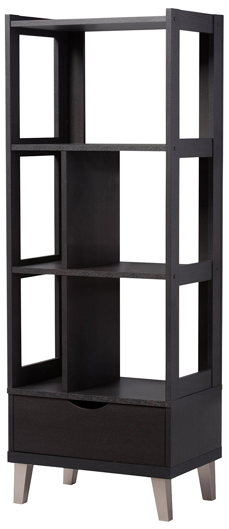 Baxton Studio Kalien Modern & Contemporary Wood Leaning Bookcase with Display Shelves & One Drawer, Dark Brown