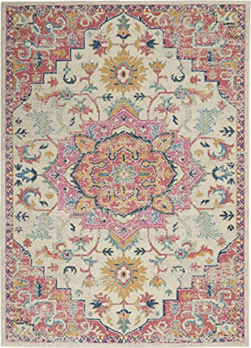 HomeRoots Ivory/Pink 100% Polypropylene 5’ x 7’ Ivory and Pink Medallion Area Rug