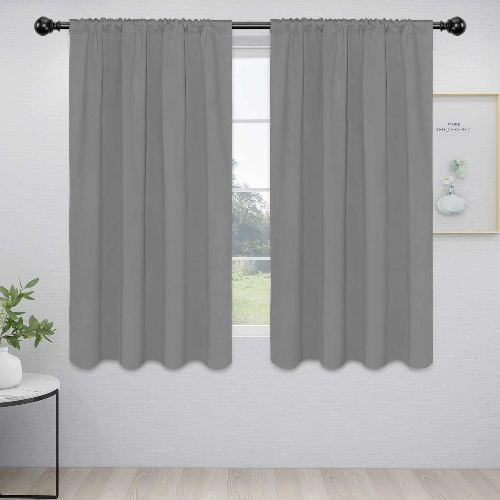 Easy-Going Rod Pocket Blackout Curtains For Bedroom, Room Darkening Window Curtains For Living Room, Thermal Insulated Noise Reduction Solid Window Drapes, 2 Panels(52X56 In, Light Gray)