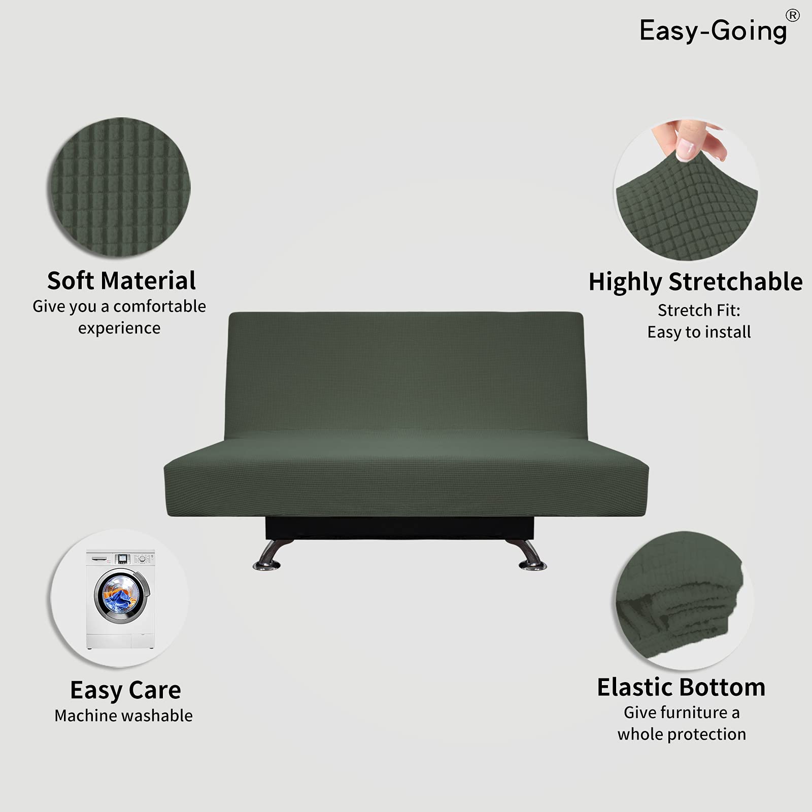 Easy-Going Stretch Futon Slipcover Armless Futon Bed Cover Furniture Protector Without Armrests With Elastic Bottom For Kids, Soft Jacquard Fabric Small Checks (Medium, Olive Green)