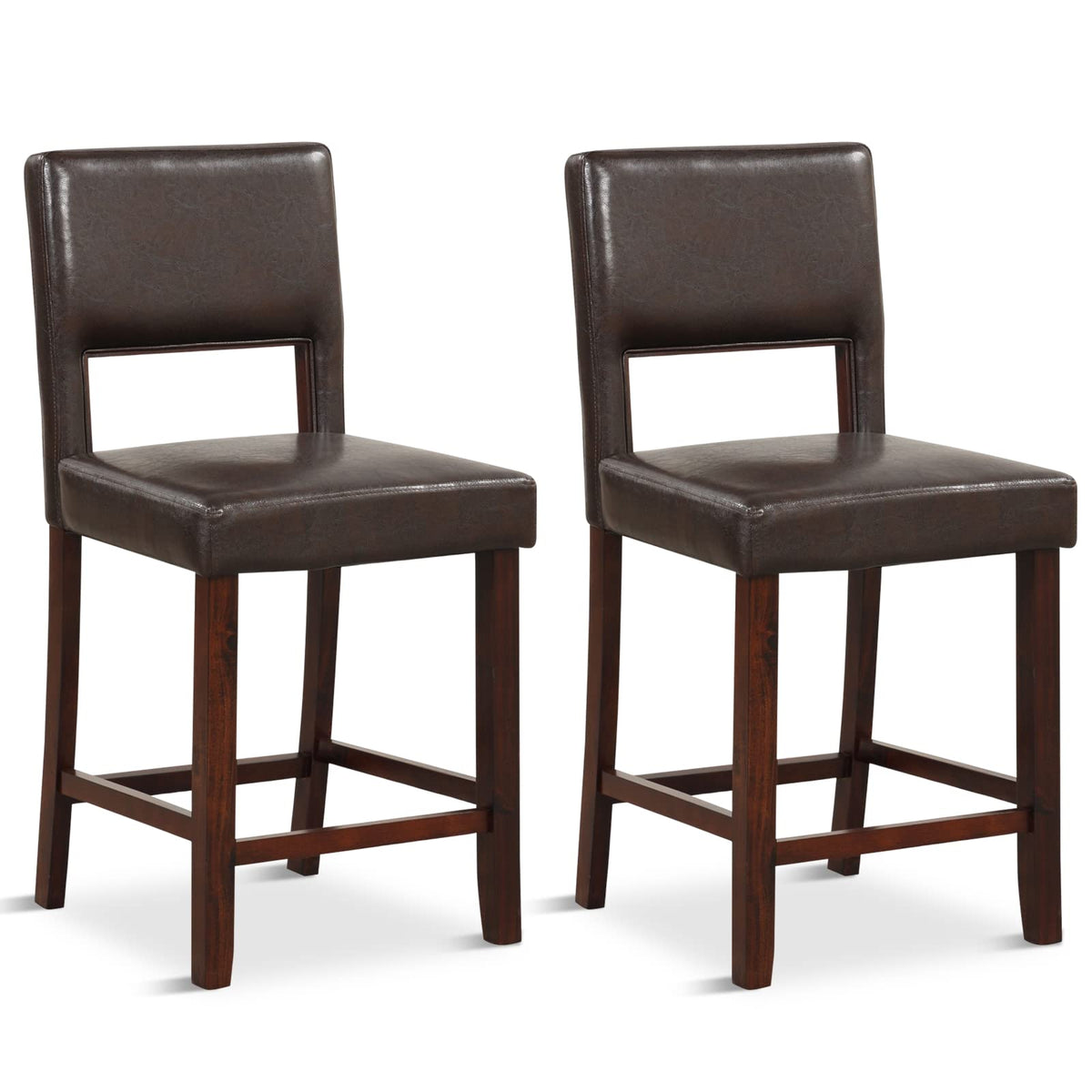 Giantex 24.5' Counter Height Bar Stools Set Of 2, Pvc Leather Barstools With Back, Rubber Wood Legs, Max Load 400 Lbs, Modern Upholstered Bar Dining Chairs For Kitchen Island Pub, Brown