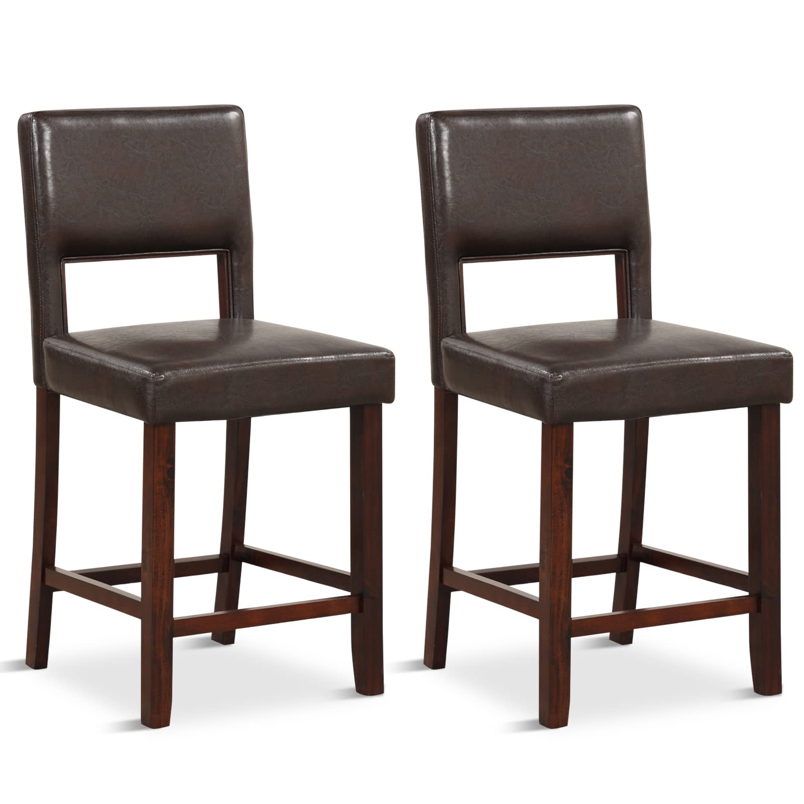 Giantex 24.5' Counter Height Bar Stools Set Of 2, Pvc Leather Barstools With Back, Rubber Wood Legs, Max Load 400 Lbs, Modern Upholstered Bar Dining Chairs For Kitchen Island Pub, Brown
