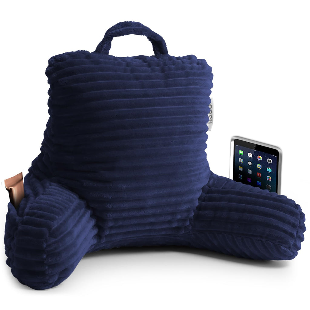 Nestl Cut Plush Striped Reading Pillow For Kids & Teens, Small Back Pillow, Back Support Pillow, Shredded Memory Foam Bed Rest Pillow With Arms, Navy Blue