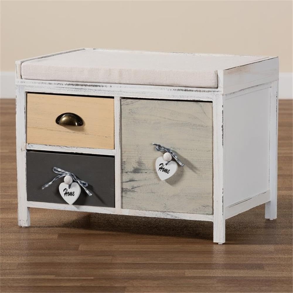 Baxton Studio Jacoby Modern Transitional Beige Fabric Upholstered and Multi-Colored Wood 3-Drawer Storage Bench