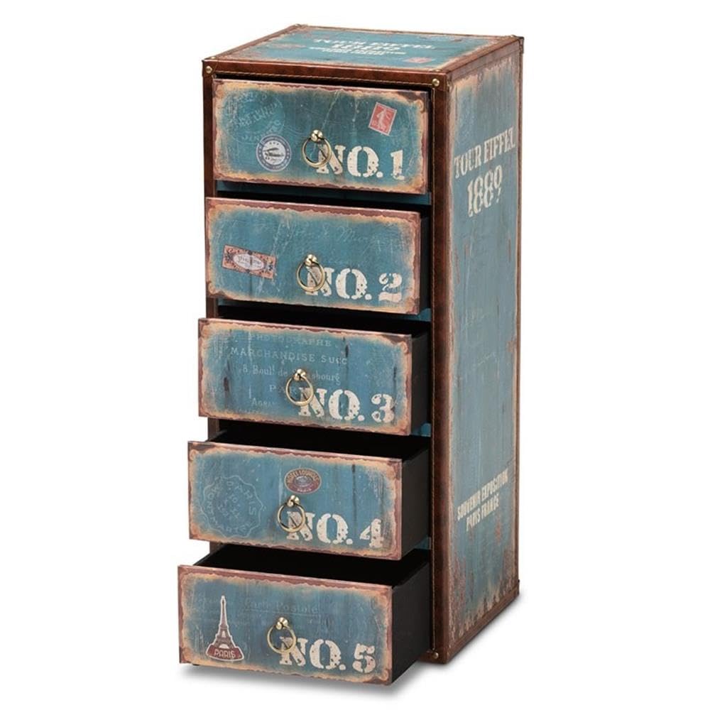 Baxton Studio Alba Vintage Rustic French Inspired Blue Finished Wood 5-Drawer Accent Storage Chest