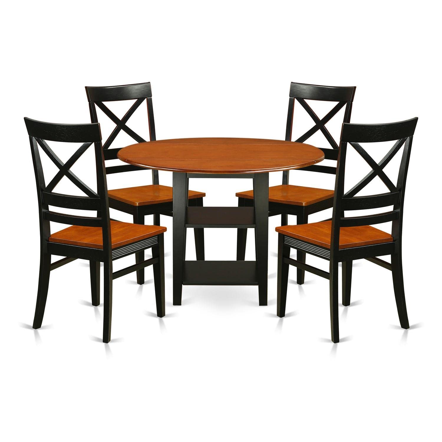 East West Furniture SUQU5-BCH-W 5 Piece Modern Dining Table Set Includes a Round Wooden Table with Dropleaf & Shelves and 4 Kitchen Dining Chairs, 42x42 Inch, Black & Cherry