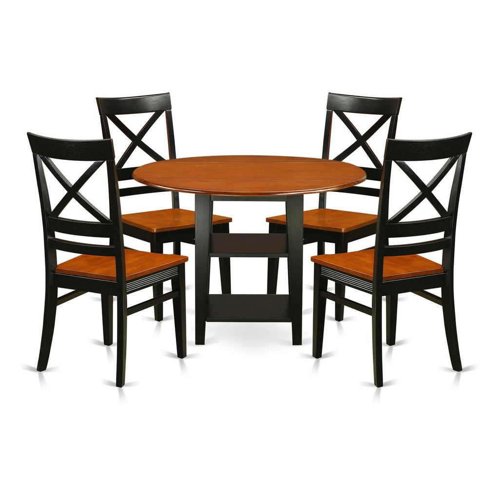 East West Furniture SUQU5-BCH-W 5 Piece Modern Dining Table Set Includes a Round Wooden Table with Dropleaf & Shelves and 4 Kitchen Dining Chairs, 42x42 Inch, Black & Cherry