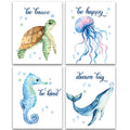 SUUURA-OO Lovely Inspirational Words Texture of Dreams Watercolor Sea marine life Art Print Set of 4 (8?10?, Sea Turtle Seahorse