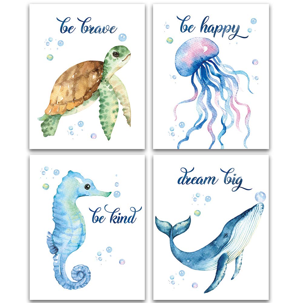 SUUURA-OO Lovely Inspirational Words Texture of Dreams Watercolor Sea marine life Art Print Set of 4 (8?10?, Sea Turtle Seahorse