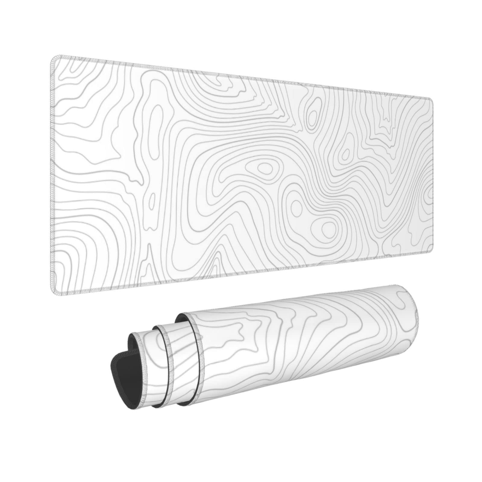 White Grey Topographic Contour Gaming Mouse Pad Xl, Non Slip Rubber Base Mousepad, Stitched Edges Desk Pad, Extended Large Mice