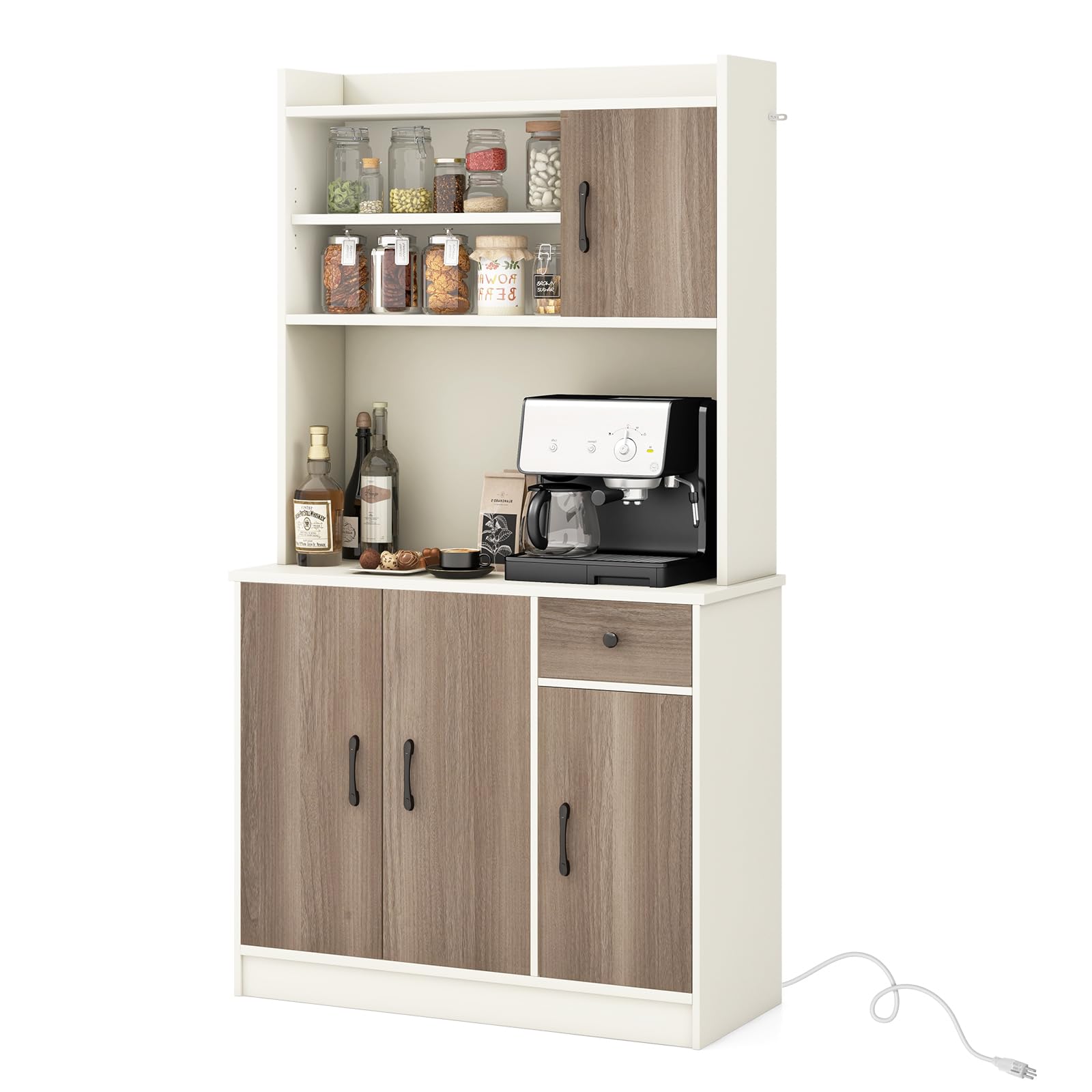 Costway Kitchen Pantry Storage Cabinet, 71' Freestanding Tall Hutch Cabinet With Charging Station, Microwave Stand, Adjustable Shelves, Modern Buffet Cabinet With Hutch For Dining Room, Kitchen, White