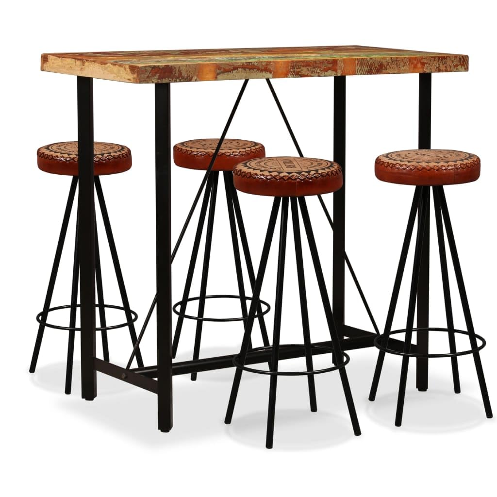 vidaXL Bar Set 5 Piece Heavy Duty Rustic Industrial High Stools Bistro Pub Restaurant Seating Set Solid Reclaimed Wood Genuine Leather Canvas Steel