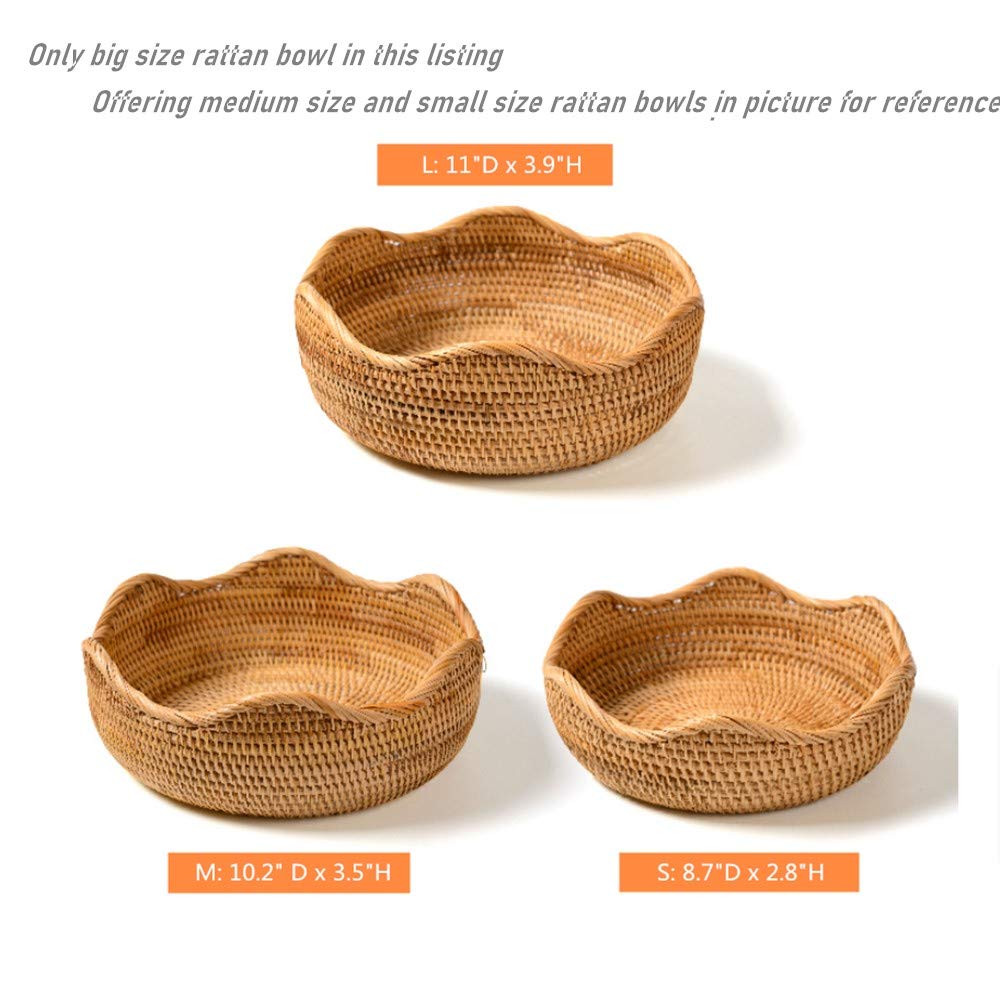 Amololo Handmade Rattan Round Fruit Basket Food Storage Bowls Kitchen Organizer Snack Serving Bowl, 11 Inch Boho Wicker Bread Bo