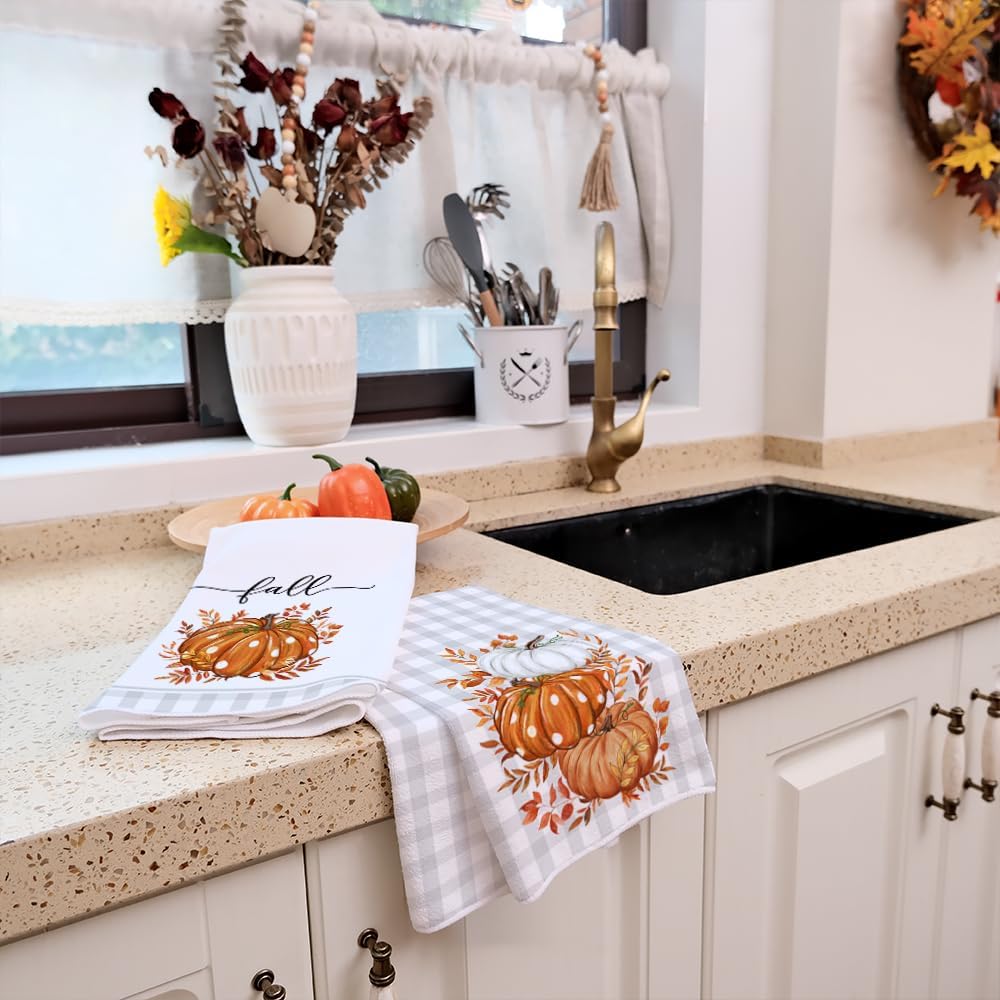 Arkeny Fall Kitchen Towels Set Of 2,Orange Pumpkin Grey Buffalo Check Autumn Dish Towels 18X26 Inch Drying Dishcloth,Farmhouse H