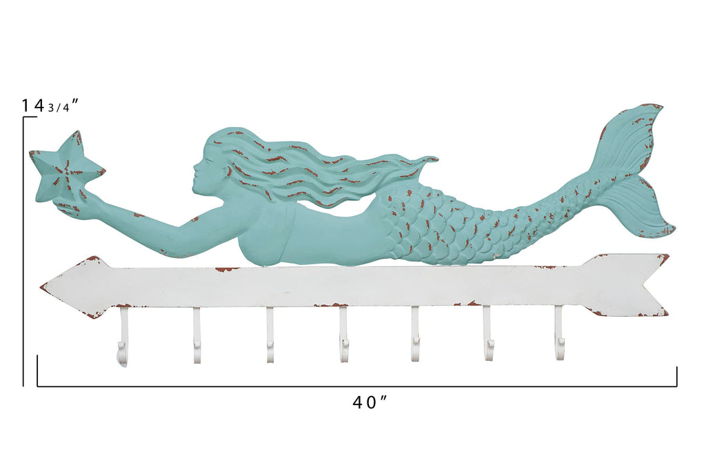 Creative Co-Op Mermaid Wall Décor with 7 Hooks, 16 Inch Long, Aqua & White, Model DA3625