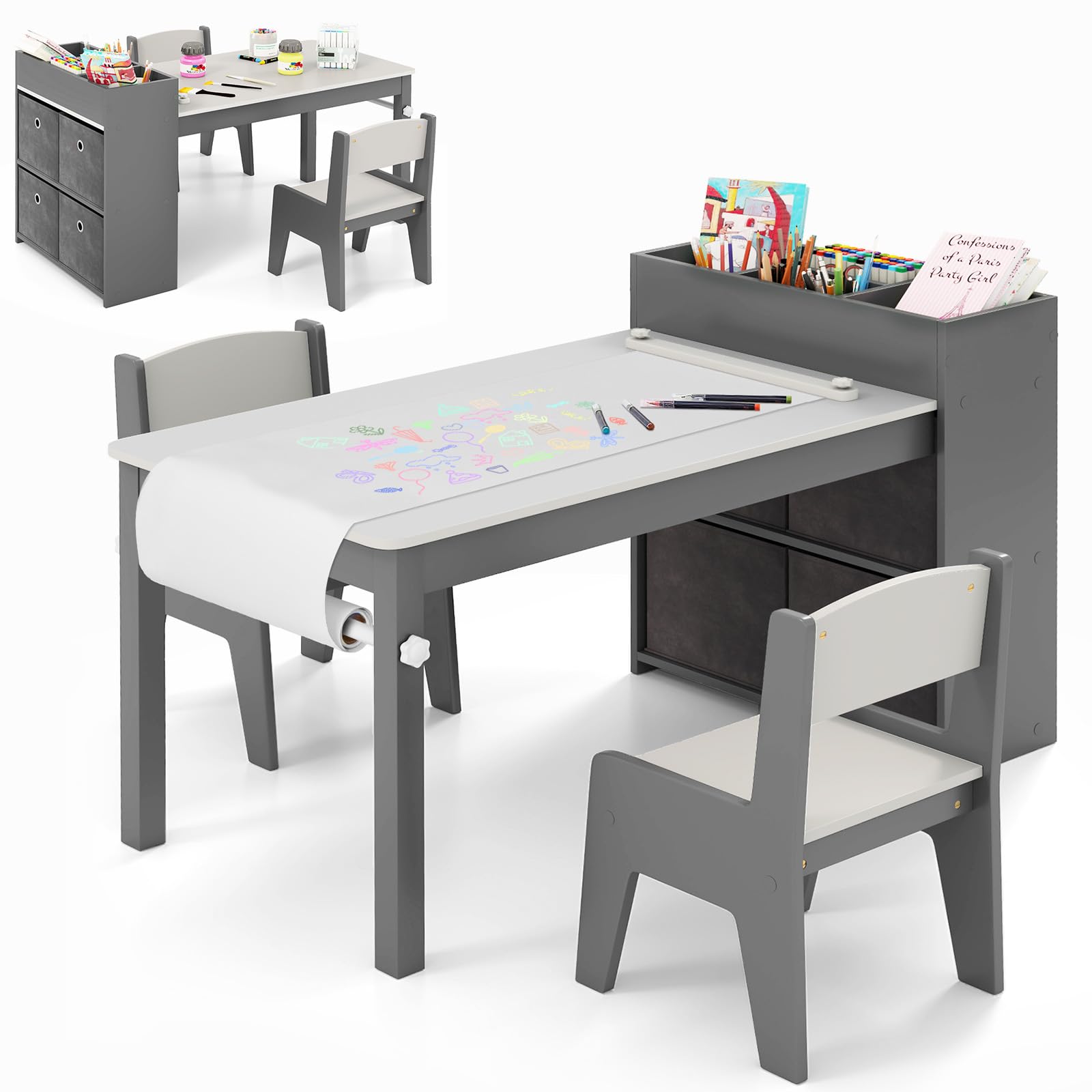 Costzon Kids Table and Chairs, 3 in 1 Wooden Art Drawing Table with 2 Chairs, 4 Fabric Bins, Multiple Open Storage Compartments 