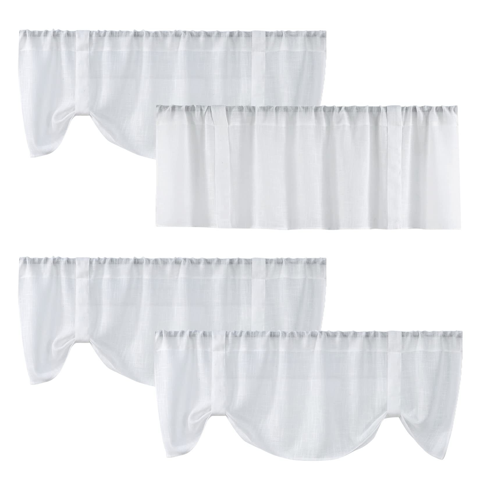 Home Queen White Semi Sheer Tie Up Curtain Valances, Linen Textured, Rod Pocket Balloon Window Topper for Living Room, 54 X 20 I