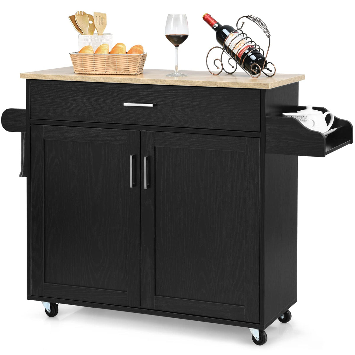 Petsite Kitchen Island Cart With Storage Cabinet On Wheels, Spice Rack Towel Rack & Drawer (Black)