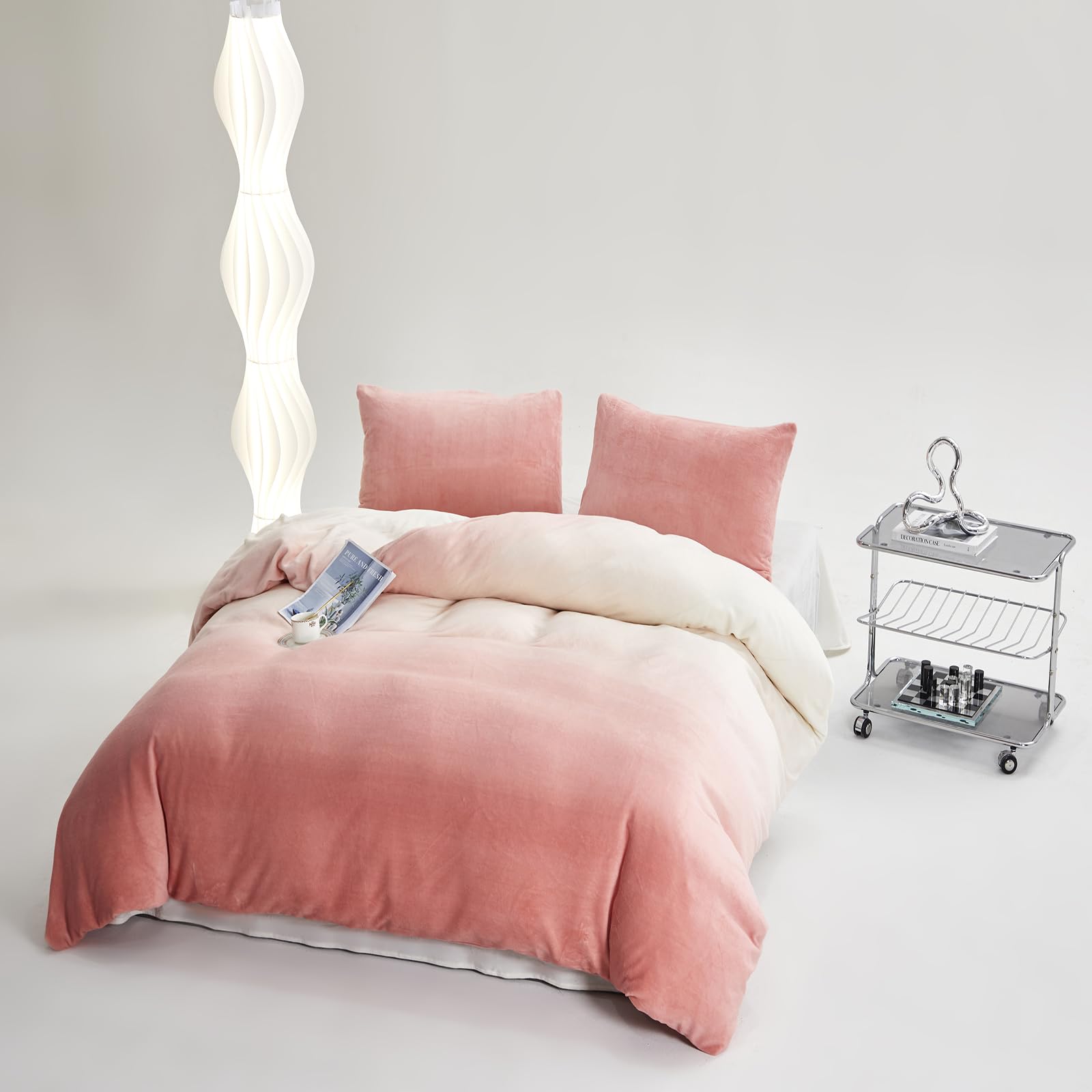 Houseri Pink White Velvet Comforter Set Queen Gradient Light Pink Fluffy Fuzzy Bedding Quilts Women Girls Ultra Comfy Soft Baby