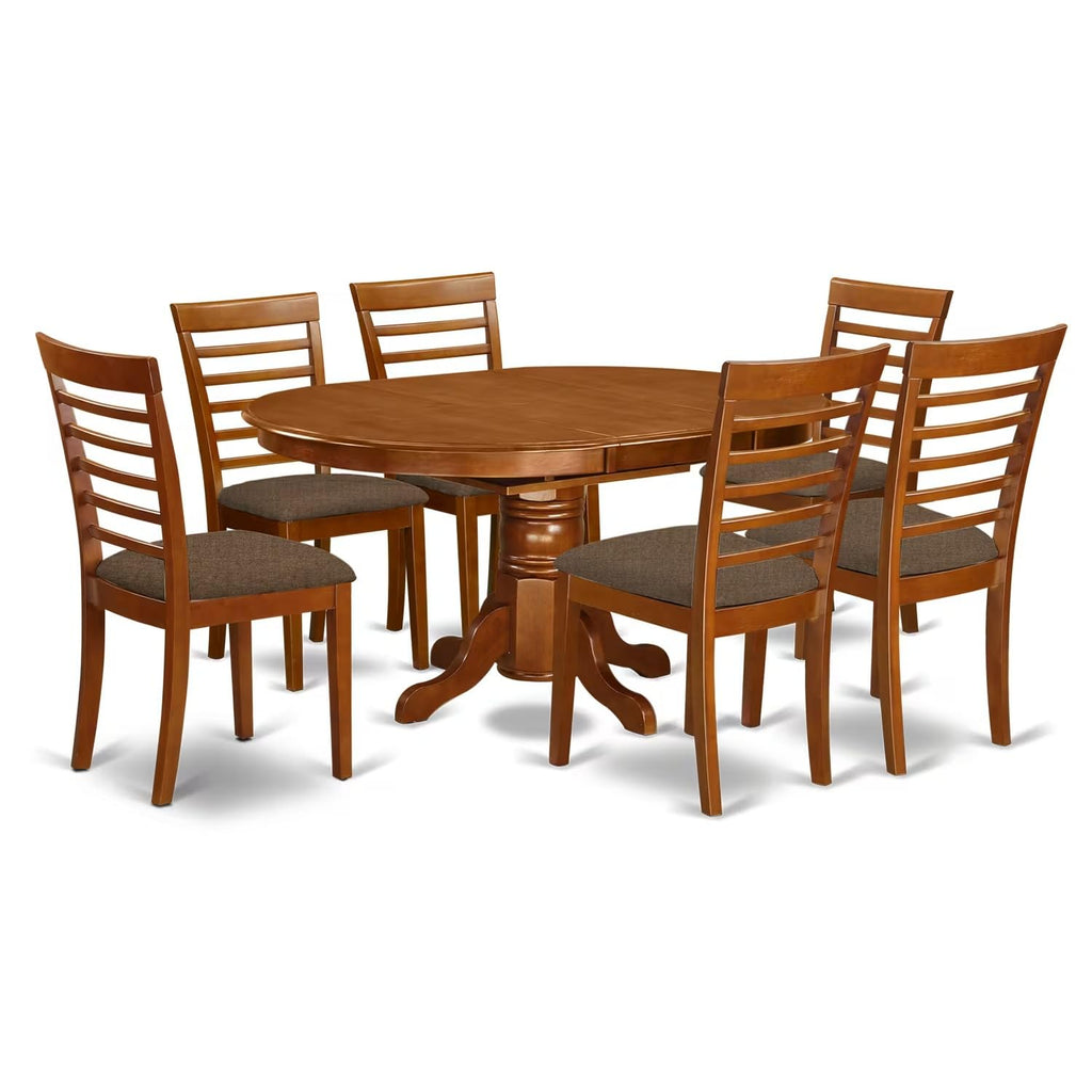 East West Furniture AVML7-SBR-C 7 Piece Kitchen Table & Chairs Set Consist of an Oval Dining Table with Butterfly Leaf and 6 Linen Fabric Dining Room Chairs, 42x60 Inch, Saddle Brown