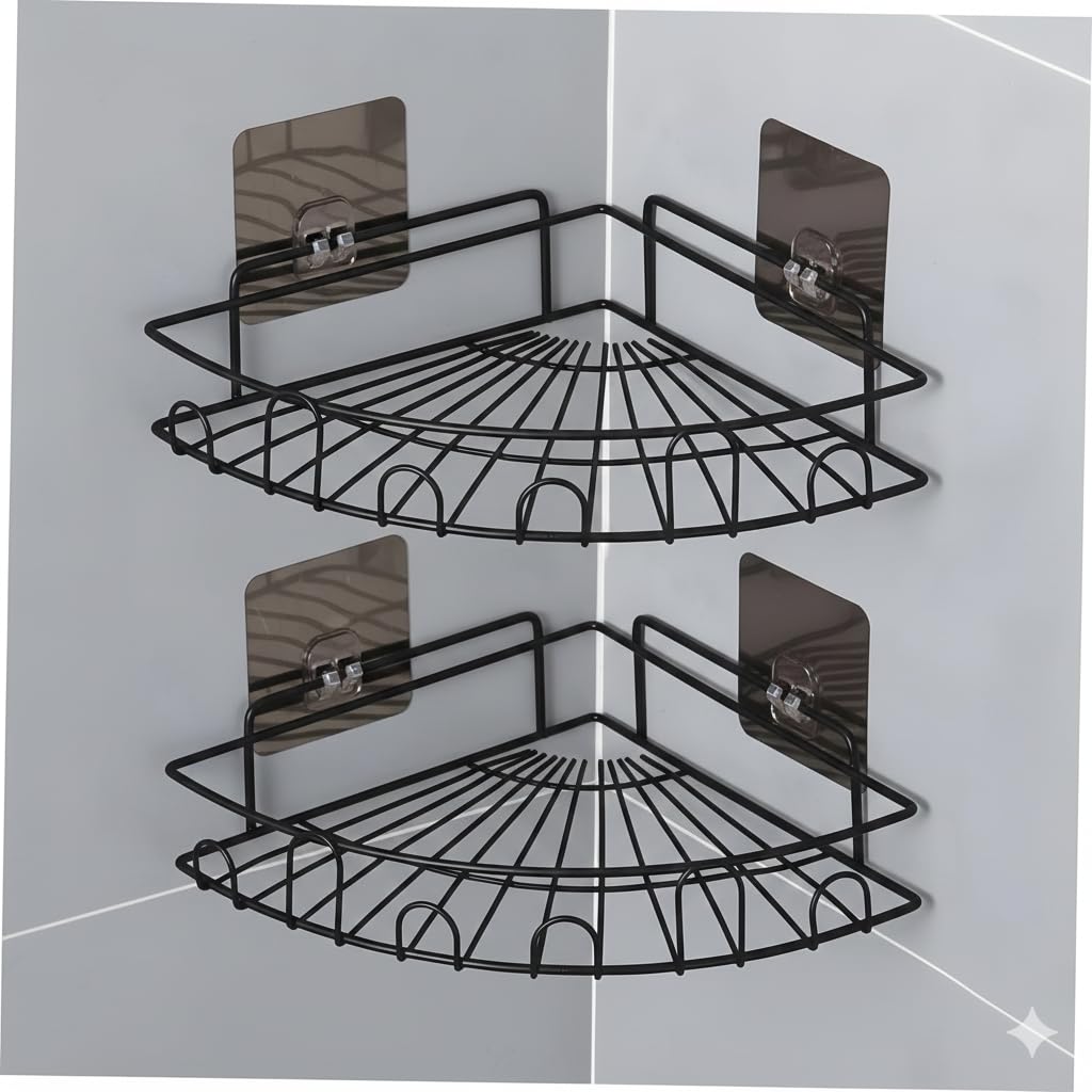 Pathavi WallMounted Corner Shower Shelf Rack  NoDrill Adhesive Bathroom Organizer Basket with Hooks, Rustproof Metal Storage