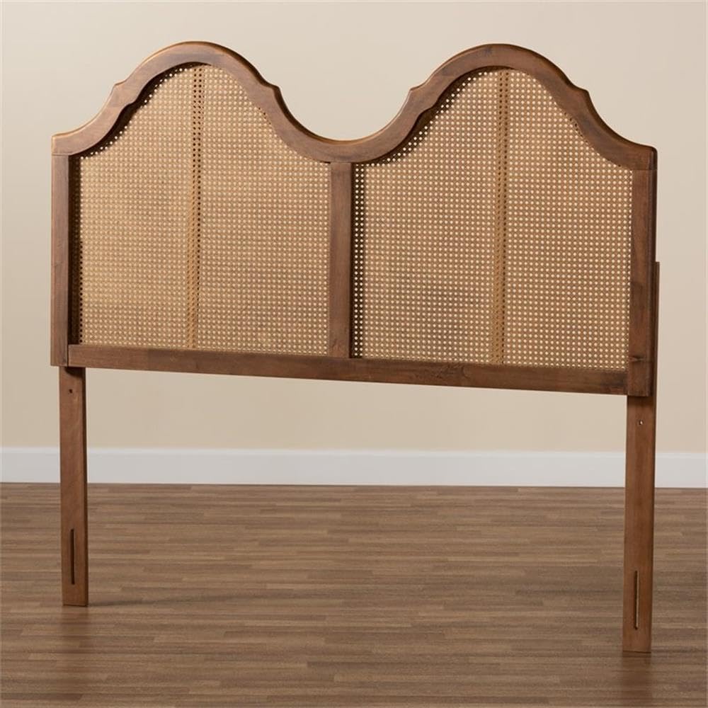 Baxton Studio Hazel Vintage Classic and Traditional Ash Walnut Finished Wood and Synthetic Rattan Queen Size Arched Headboard