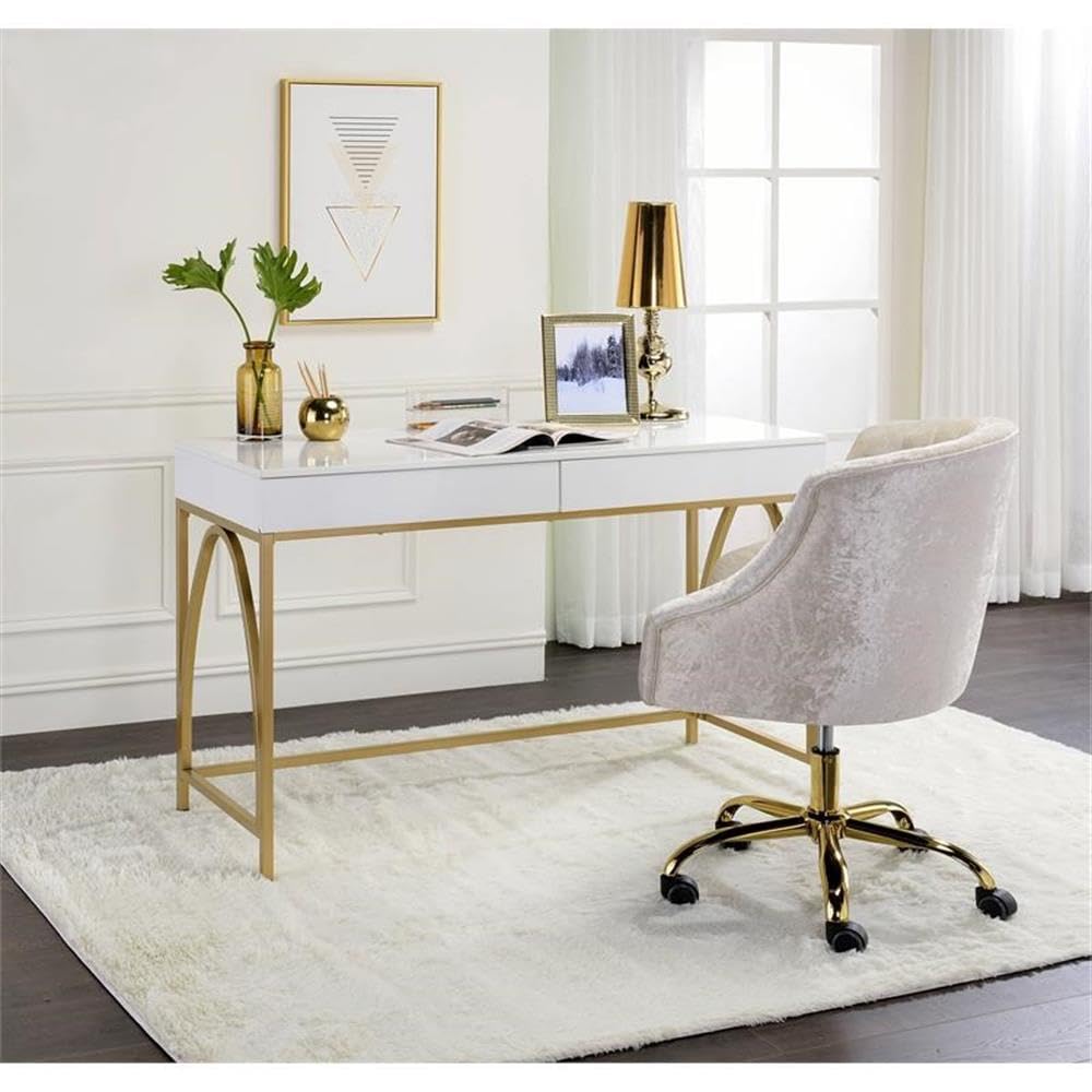 Acme Lightmane Wooden Top Writing Desk in White High Gloss and Gold