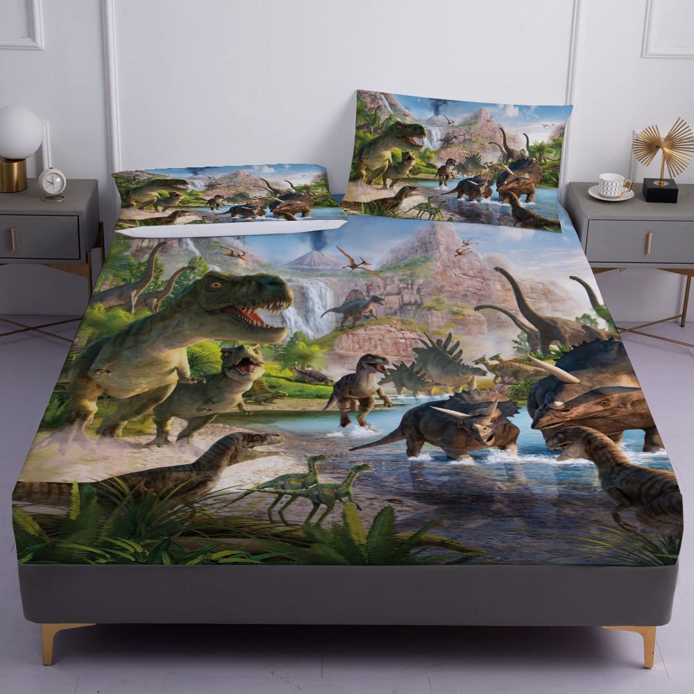 Niuone Dinosaurs Bed Sheets Set Queen For Boys 3D Realistic Dinosaur Green Fitted Sheets Set Ancient Dinosaur Theme Kids/Adults/