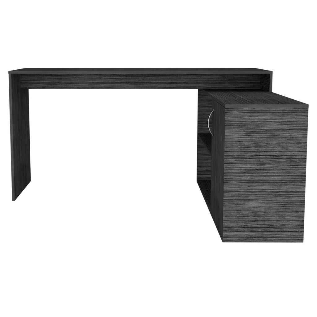 DEPOT E-SHOP Boston L-Shaped Desk, Single Door Cabinet, 2 Open Shelves, 2 Interior Shelves, Smokey Oak