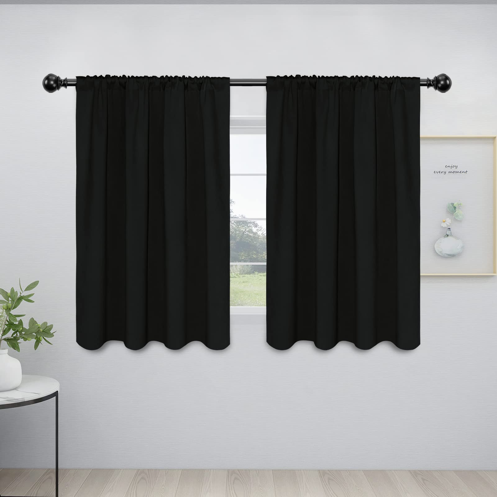 Easy-Going Rod Pocket Blackout Curtains For Bedroom, Room Darkening Window Curtains For Living Room, Thermal Insulated Noise Reduction Solid Window Drapes, 2 Panels(42X45 In, Black)