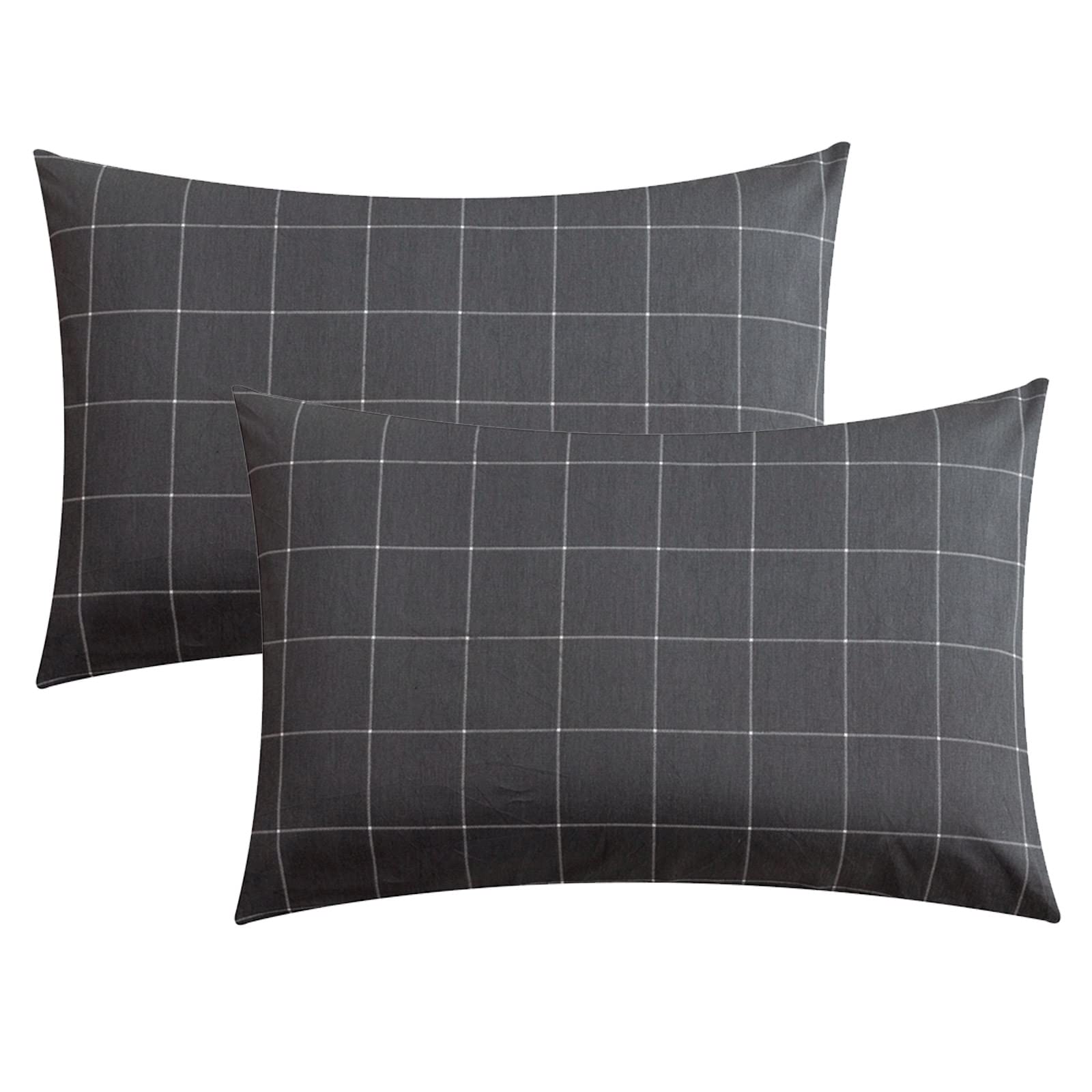 Jellymoni 100% Natural Cotton Plaid King Pillowcases Set, 2 Pack Black With White Grid Geometric Pattern Printed Pillow Covers W