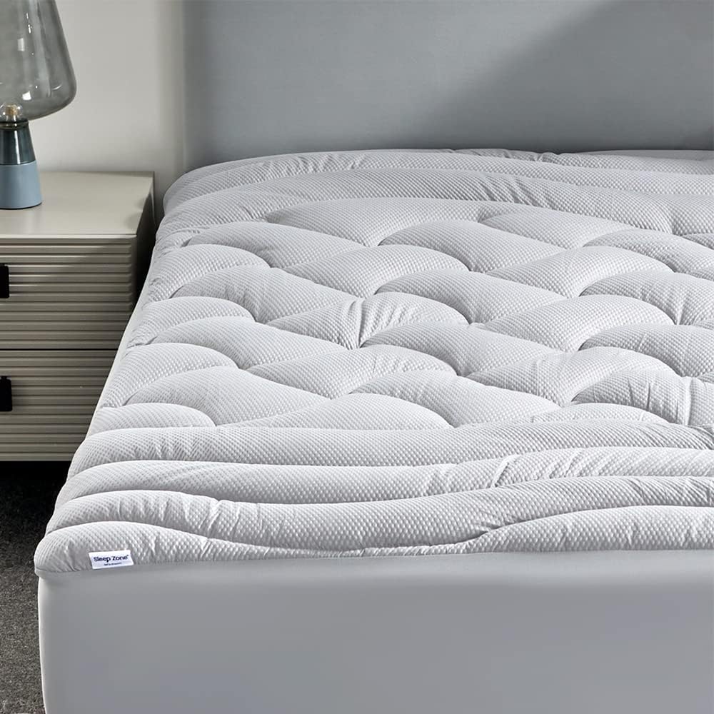 Sleep Zone Cooling Queen Mattress Topper For Single Bed, Premium Zoned Quilted Mattress Pad, Fitted Mattress Protector Cover, Machine Wash Durable, Deep Pocket 8-21 Inch (Silver Grey, Queen)